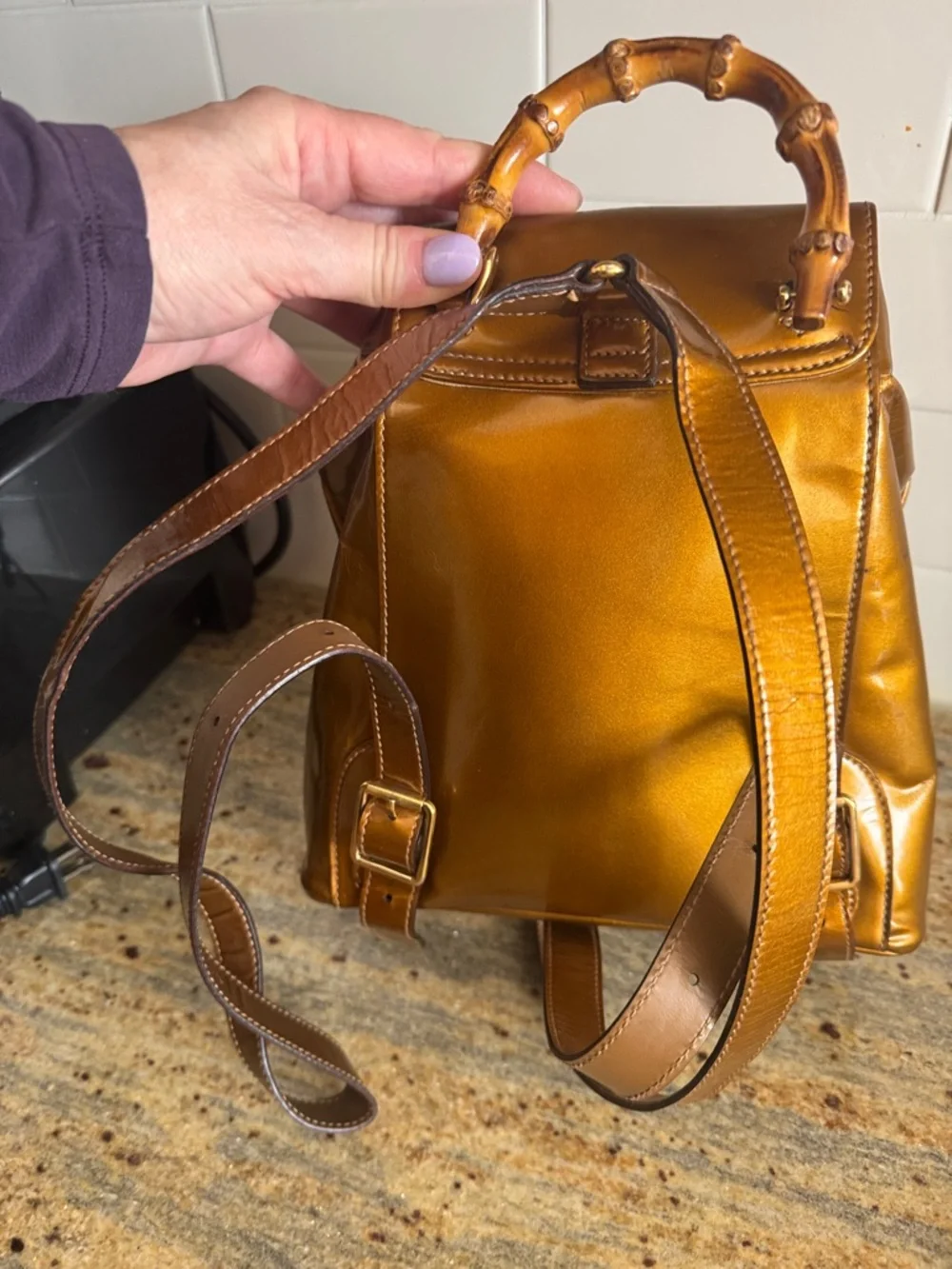 Gucci mini Patent Leather Drawstring Backpack ,, Bamboo Handle VTG Bronze - Picture 6 of 17